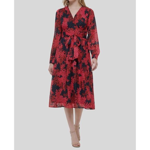 Tommy Hilfiger Women's Red Glitter-Dot Floral V-Neck Self-Tie Dress Size 12 - Picture 1 of 10